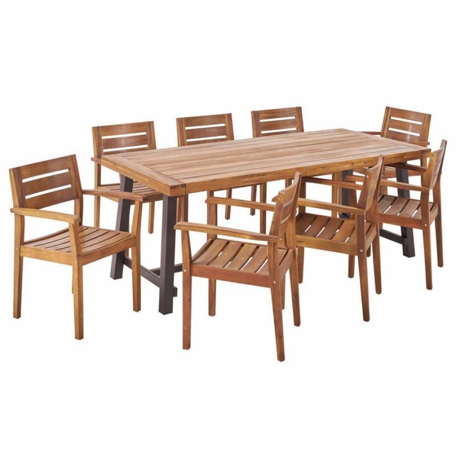 Outdoor Dining Furniture * | Gdfstudio Kelly Outdoor Acacia Wood 8 Seater Dining Set, Teak, Black