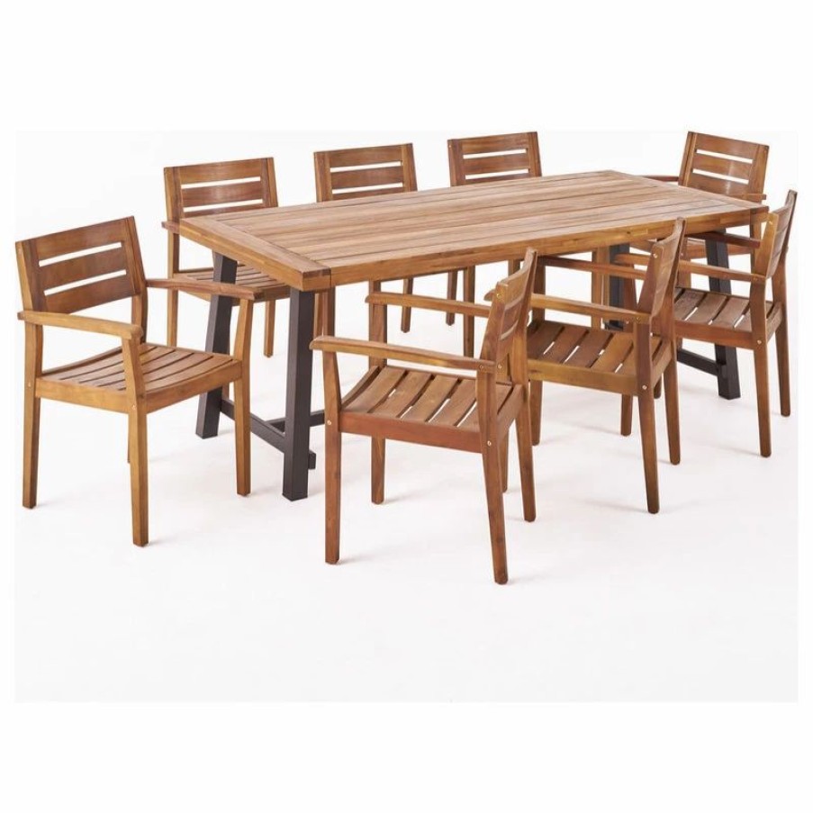 Outdoor Dining Furniture * | Gdfstudio Kelly Outdoor Acacia Wood 8 Seater Dining Set, Teak, Black