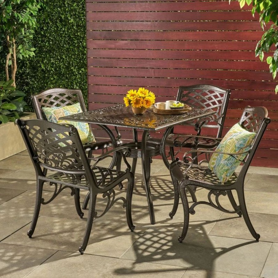 Outdoor Dining Furniture * | Gdfstudio Gdf Studio 5-Piece Odena Outdoor Cast Aluminum Square Bronze Dining Set