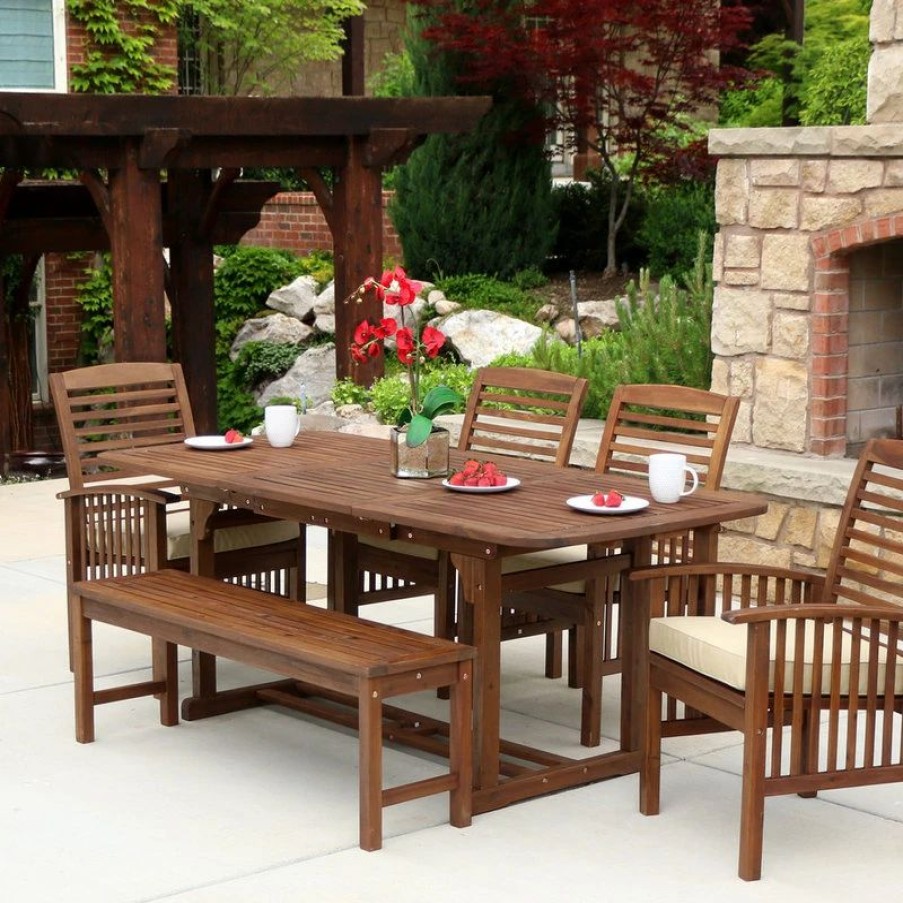 Outdoor Dining Furniture * | Walker Edison 6-Piece Acacia Wood Outdoor Patio Dining Set With Cushions Dark Brown