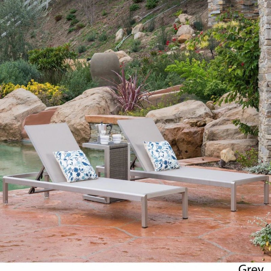 Outdoor Lounge Furniture * | Gdfstudio Gdf Studio 3-Piece Crested Bay Gray Mesh Chaise Lounge Set With End Table, Gray