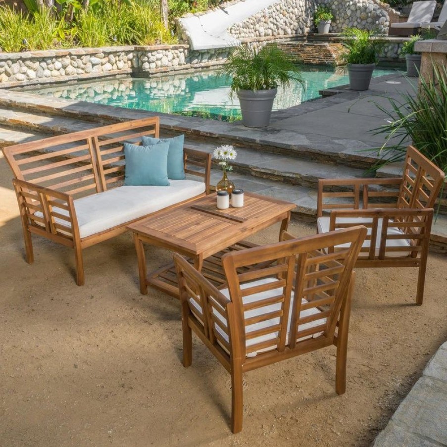 Outdoor Lounge Furniture * | Gdfstudio Gdf Studio 4-Piece Louis Outdoor Solid Wood Chat With Cushions Set