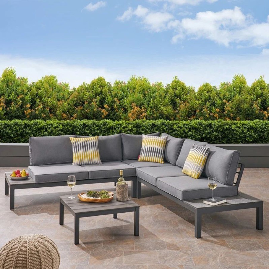 Outdoor Lounge Furniture * | Gdfstudio Gdf Studio Leo Outdoor Aluminum V-Shaped Faux Wood Sectional Sofa Set, Gray/Dark