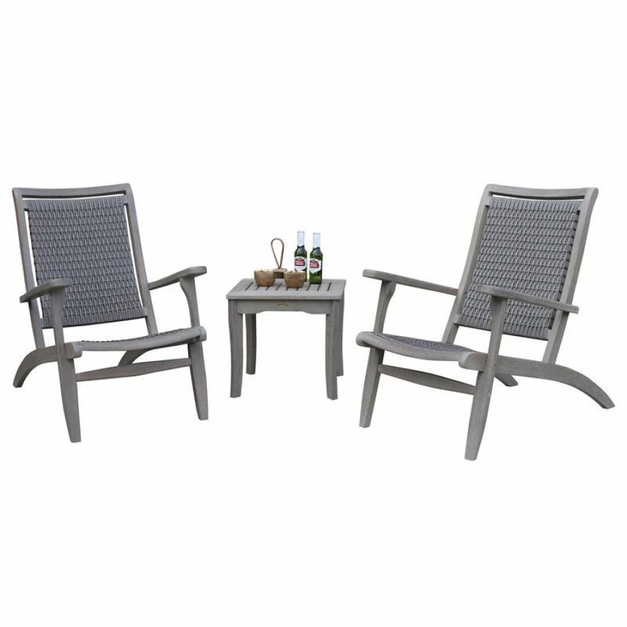 Outdoor Lounge Furniture * | Outdoor Interiors 3-Piece Gray Wash Eucalyptus And Driftwood Gray Wicker Lounge Chair Set