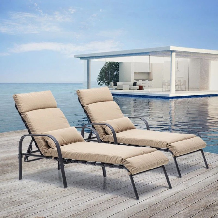 Outdoor Chairs * | Crestlive Products Set Of 2 Adjustable Chaise Lounge Chair With Cushion & Pillow, Tan