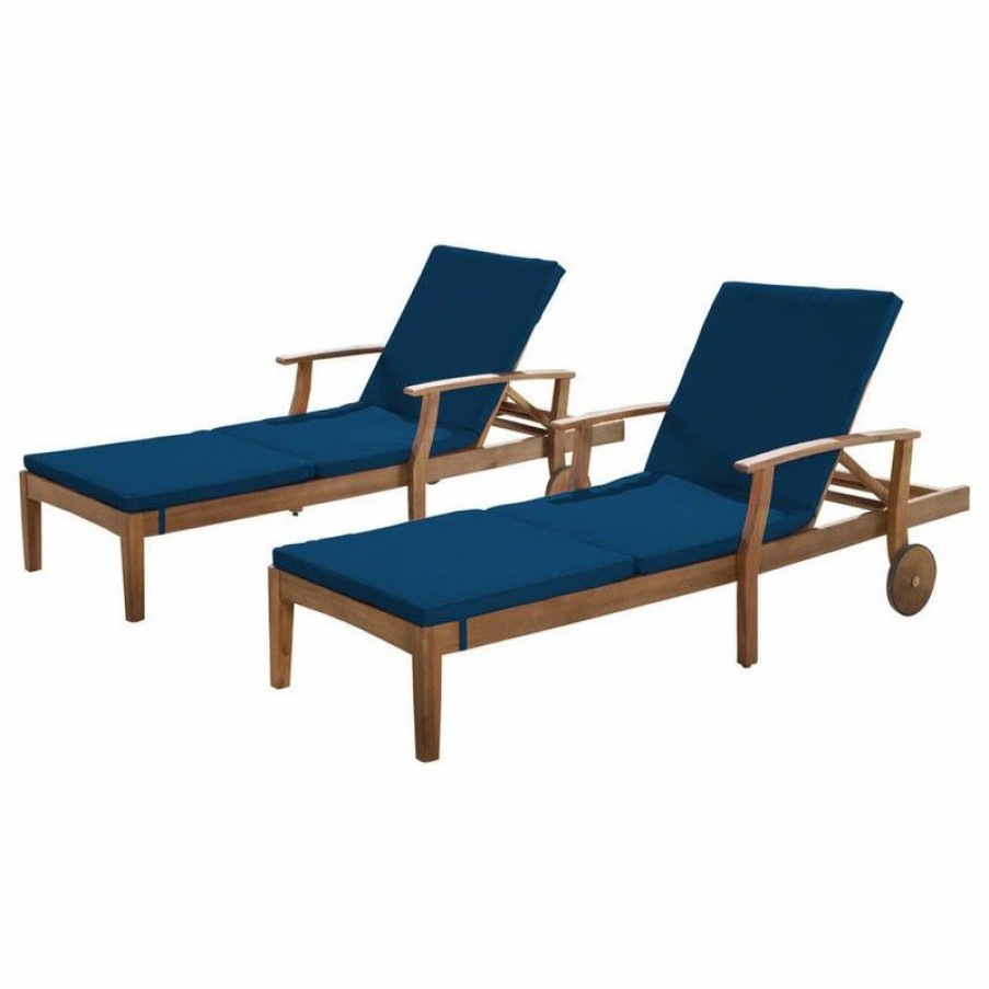 Outdoor Chairs * | Gdfstudio Gdf Studio Daisy Outdoor Teak Finish Chaise Lounge, Blue, Set Of 2