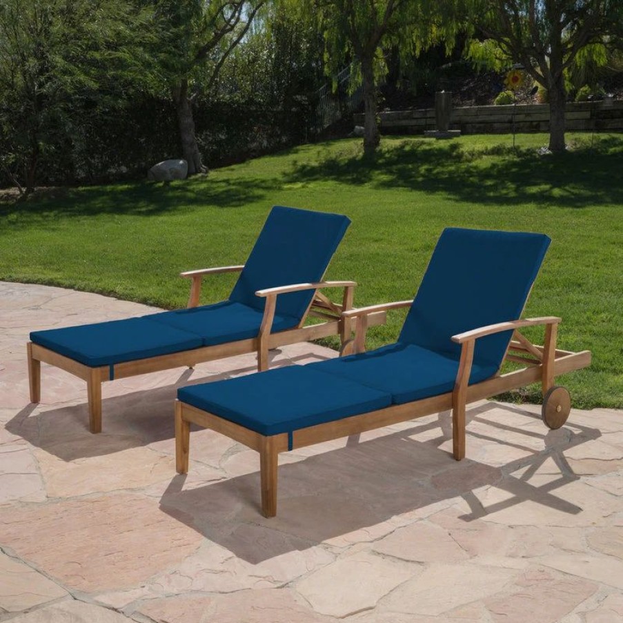 Outdoor Chairs * | Gdfstudio Gdf Studio Daisy Outdoor Teak Finish Chaise Lounge, Blue, Set Of 2