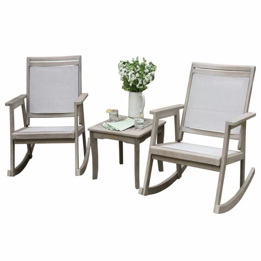 Outdoor Lounge Furniture * | Outdoor Interiors 3-Piece Gray Wash Eucalyptus And Sling Rocking Chair Set With Accent Table