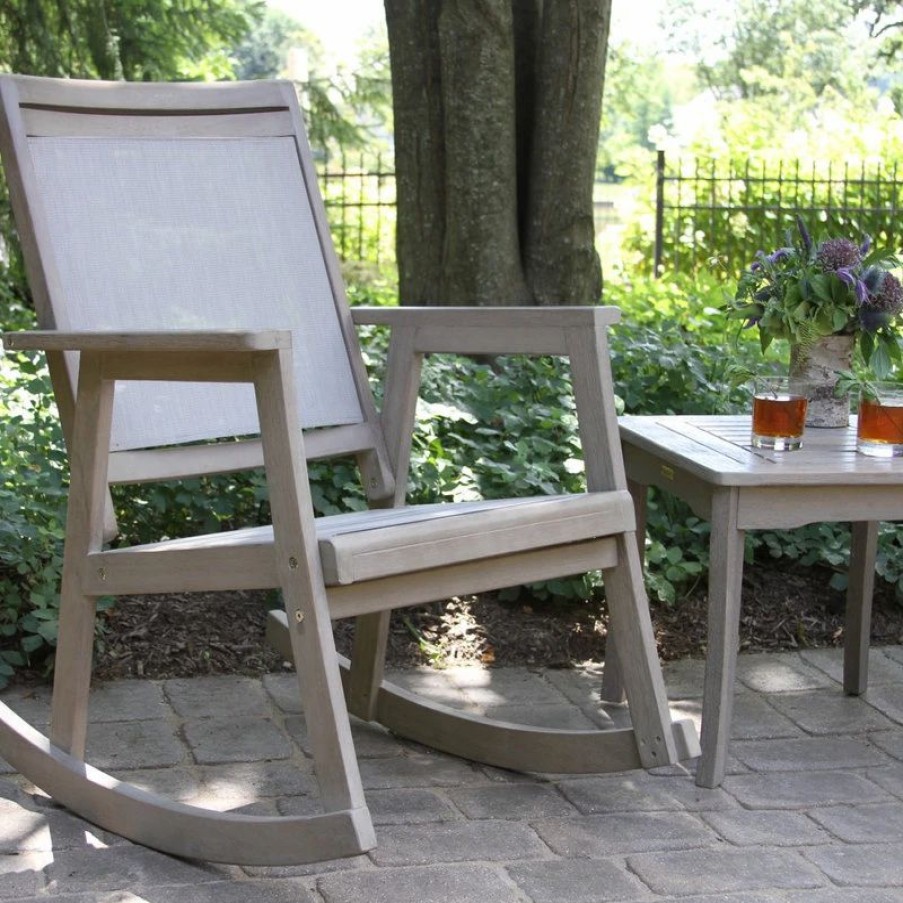 Outdoor Lounge Furniture * | Outdoor Interiors 3-Piece Gray Wash Eucalyptus And Sling Rocking Chair Set With Accent Table