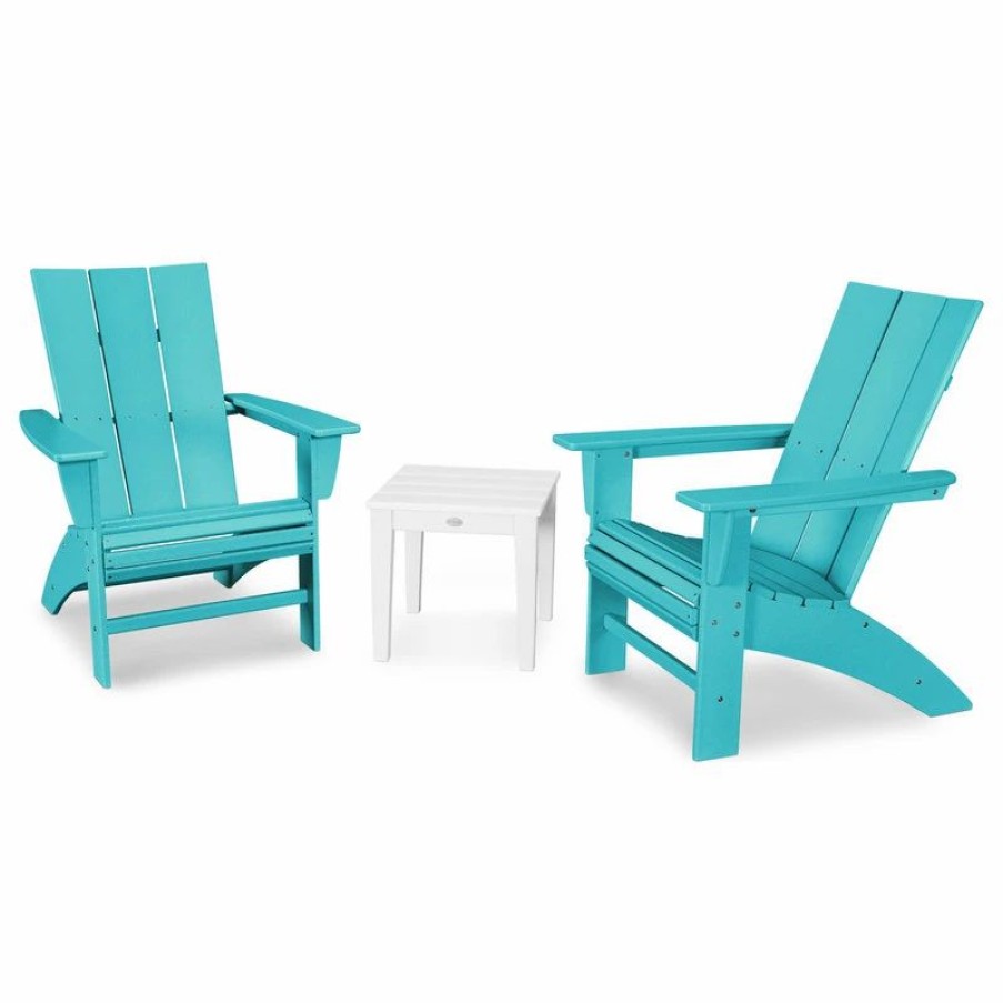 Outdoor Lounge Furniture * | Polywood Modern 3-Piece Curveback Adirondack Set, Aruba/White