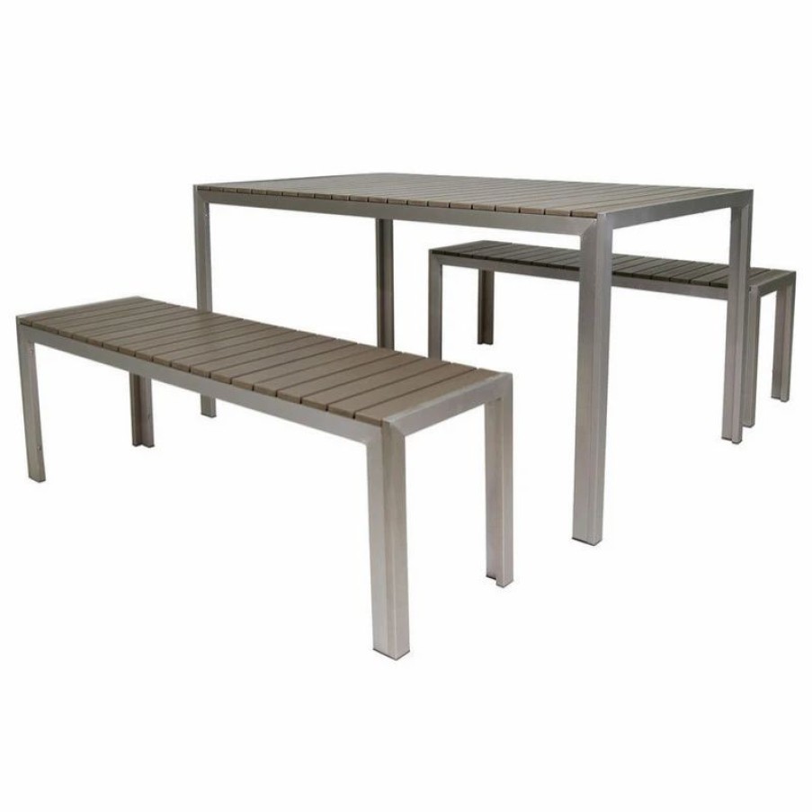 Outdoor Dining Furniture * | Gdfstudio Gdf Studio Butler Outdoor Aluminum Picnic Set With Faux Wood Top, Silver/Natural