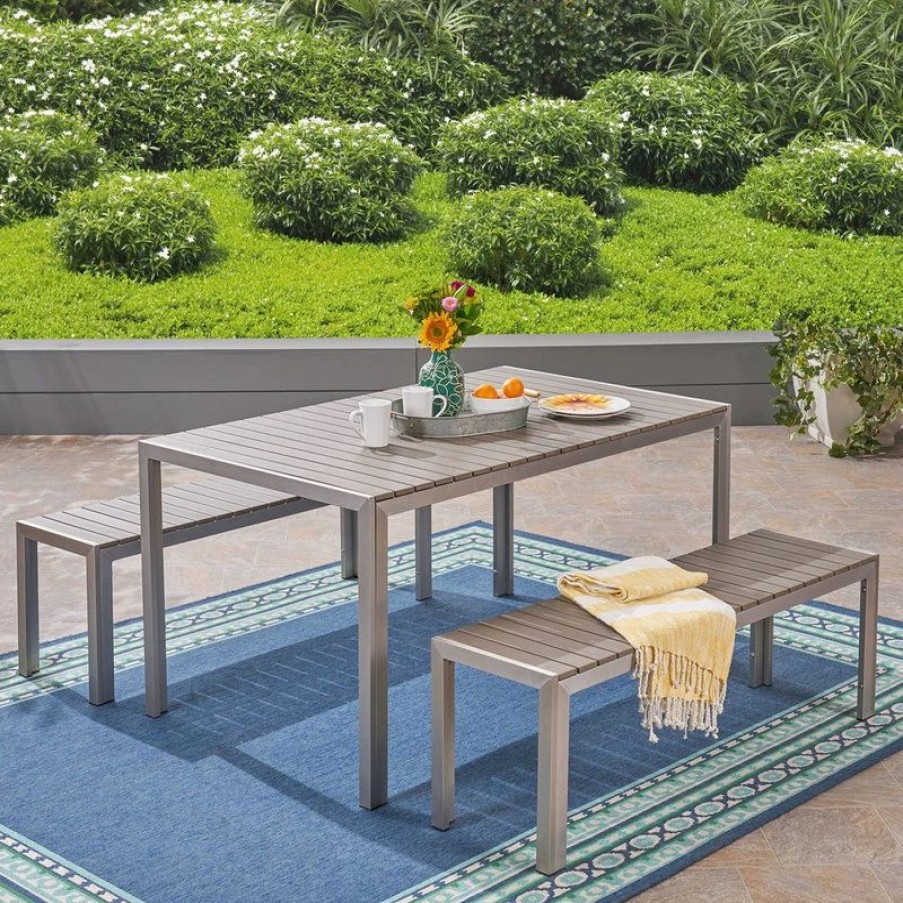 Outdoor Dining Furniture * | Gdfstudio Gdf Studio Butler Outdoor Aluminum Picnic Set With Faux Wood Top, Silver/Natural