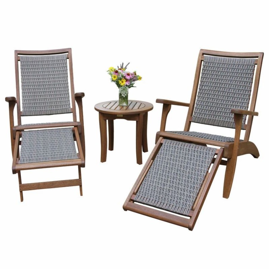 Outdoor Lounge Furniture * | Outdoor Interiors 3-Piece Eucalyptus And Wicker Lounger Set With Ottoman And Round Accent Table