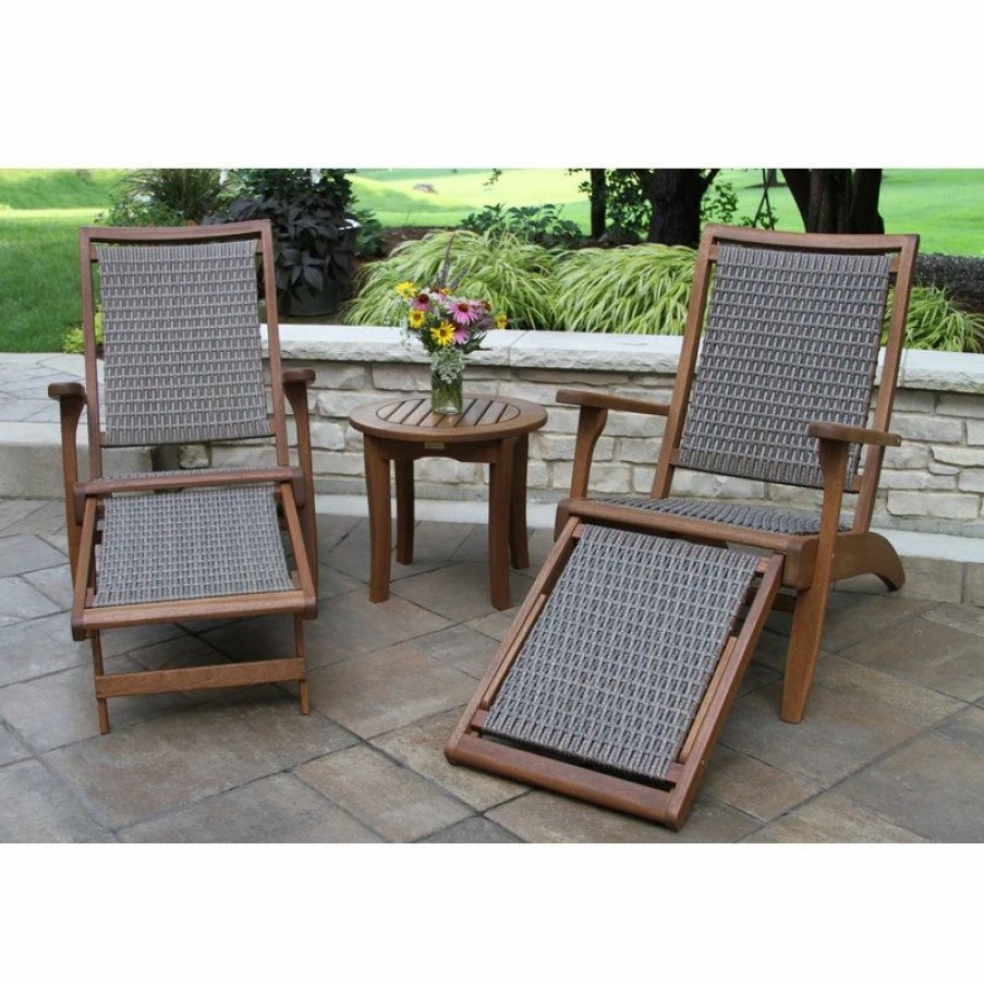 Outdoor Lounge Furniture * | Outdoor Interiors 3-Piece Eucalyptus And Wicker Lounger Set With Ottoman And Round Accent Table