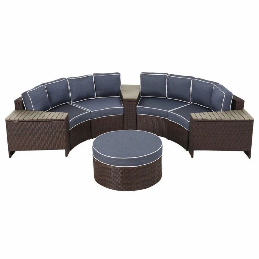 Outdoor Lounge Furniture * | Gdfstudio Mia Outdoor 4-Seater Wicker Curved Sectional Set With Wedge Tables, Navy, Round