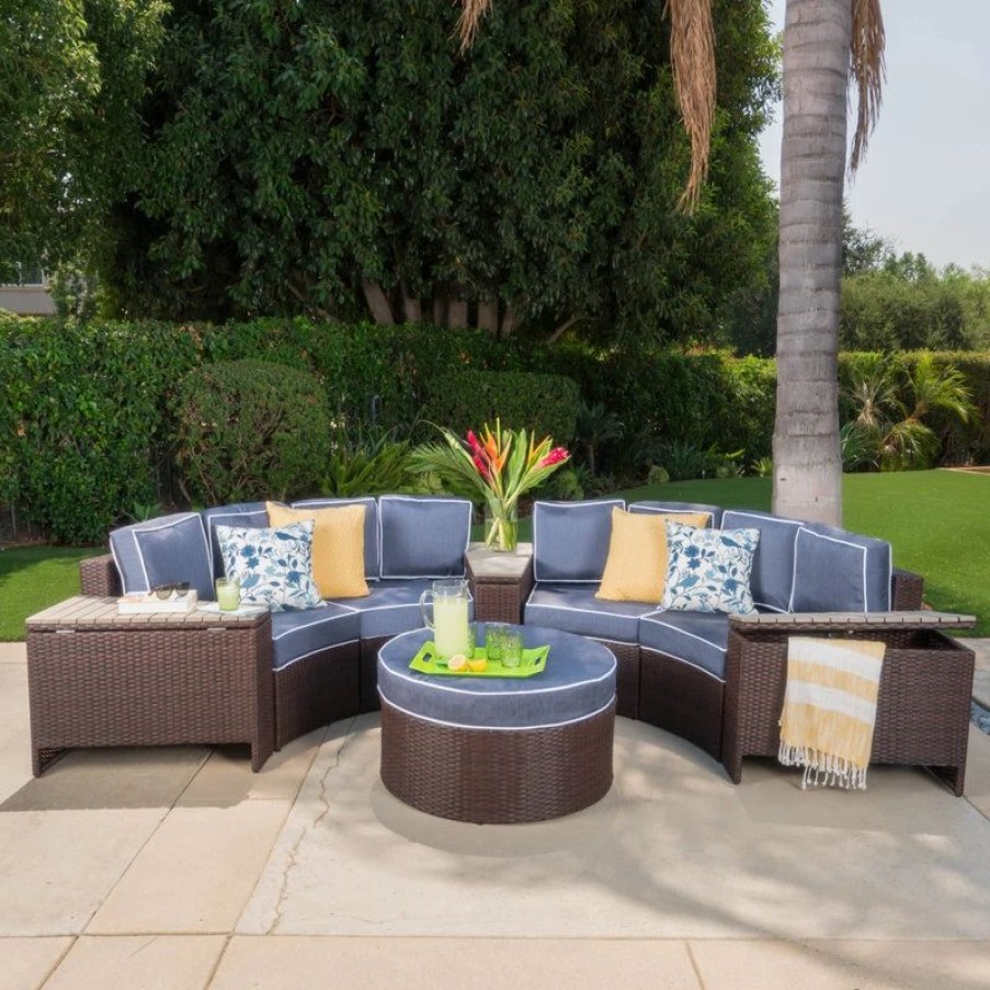 Outdoor Lounge Furniture * | Gdfstudio Mia Outdoor 4-Seater Wicker Curved Sectional Set With Wedge Tables, Navy, Round