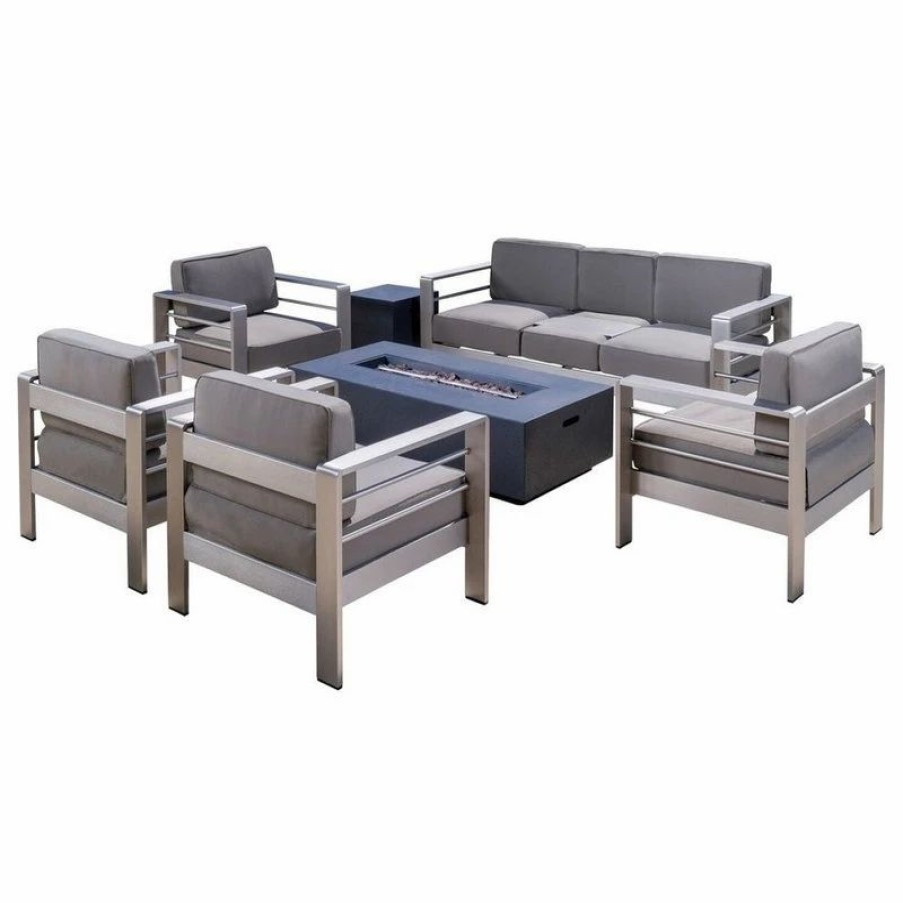 Outdoor Lounge Furniture * | Gdfstudio Gdf Studio Coral Bay Outdoor Aluminum 7 Seater Chat Set With Fire Pit, Dark Gray