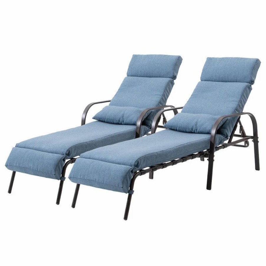 Outdoor Chairs * | Crestlive Products Set Of 2 Adjustable Chaise Lounge Chair With Cushion & Pillow, Dark Blue