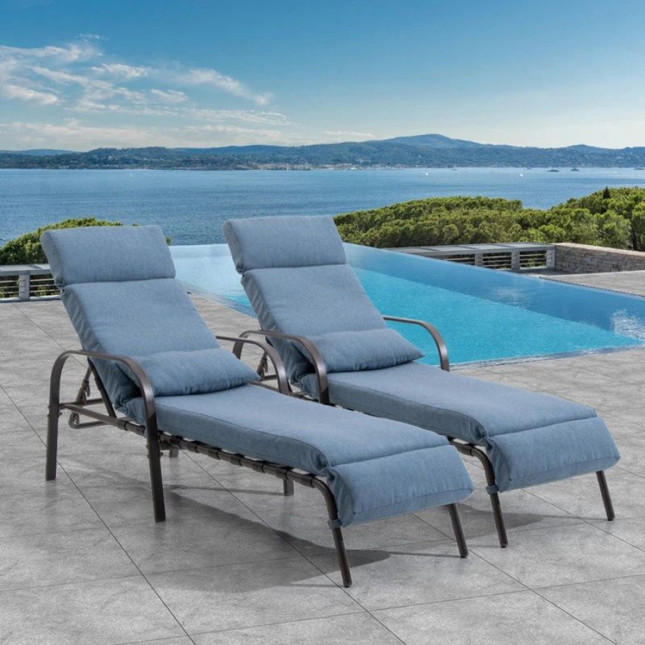 Outdoor Chairs * | Crestlive Products Set Of 2 Adjustable Chaise Lounge Chair With Cushion & Pillow, Dark Blue