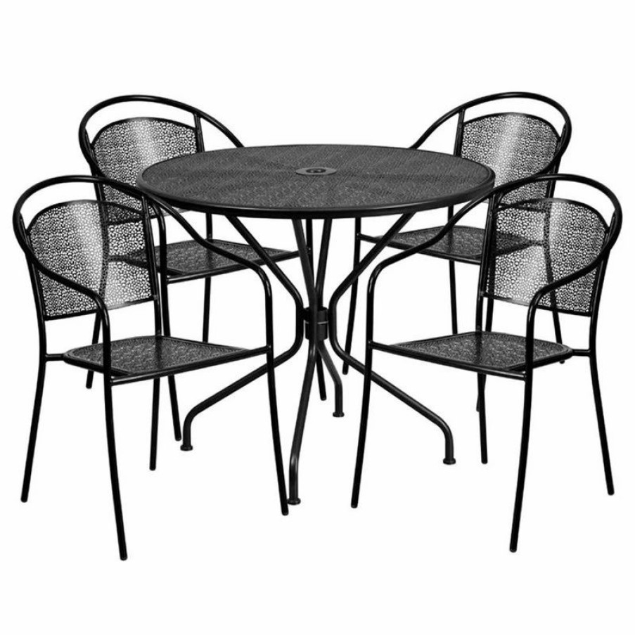 Outdoor Dining Furniture * | Flash Furniture 5 Piece 35 Round Steel Flower Print Patio Dining Set In Black