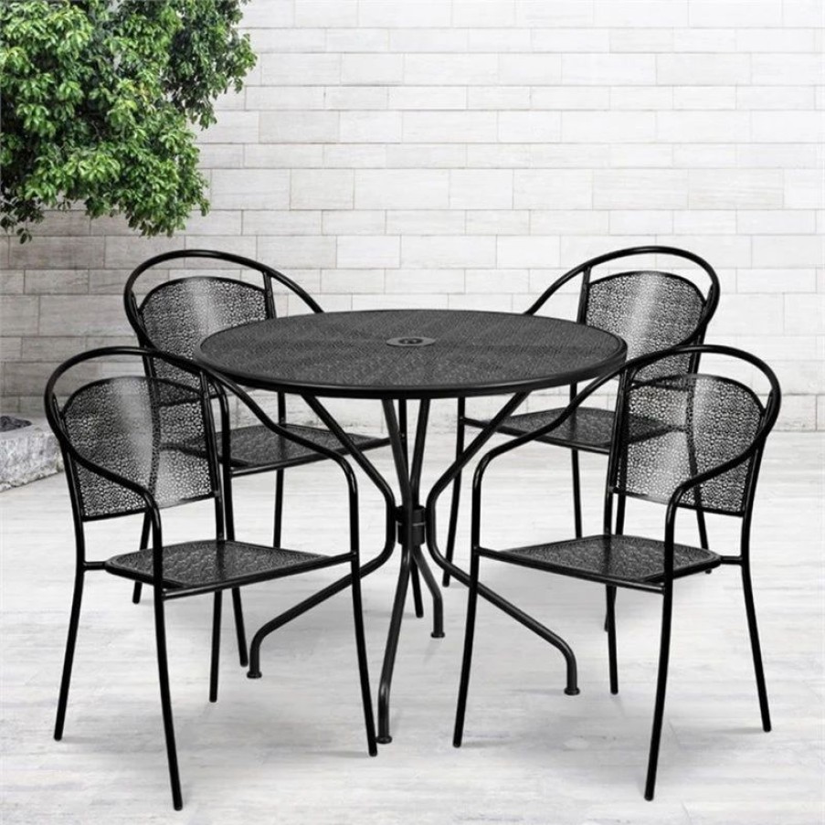 Outdoor Dining Furniture * | Flash Furniture 5 Piece 35 Round Steel Flower Print Patio Dining Set In Black