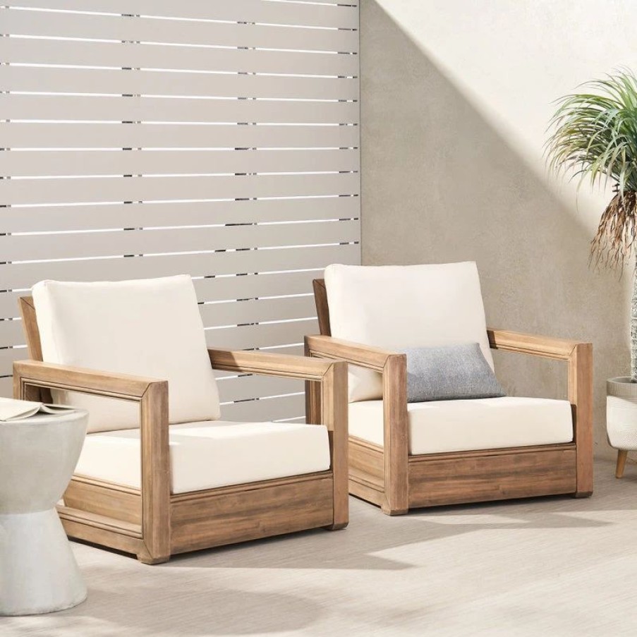 Outdoor Lounge Furniture * | Gdfstudio Lyle Outdoor Acacia Wood Club Chairs, Set Of 2