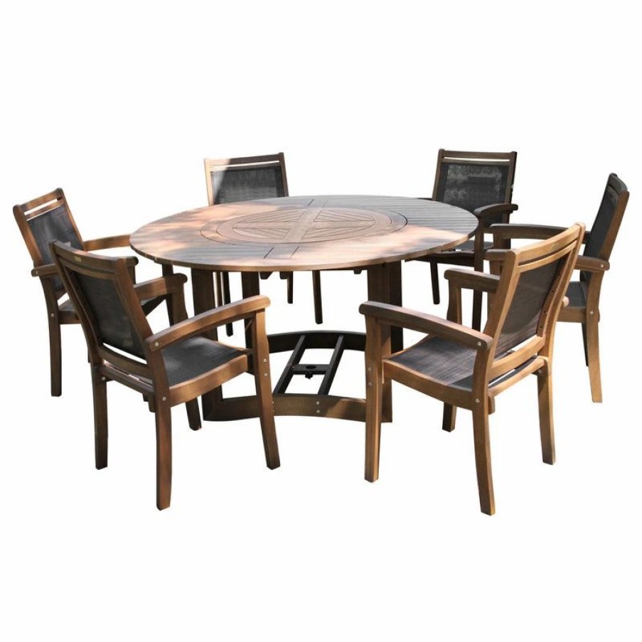 Outdoor Dining Furniture * | Outdoor Interiors 7-Piece Eucalyptus Dining Set With Stacking Armchairs And Built-In Lazy Susan