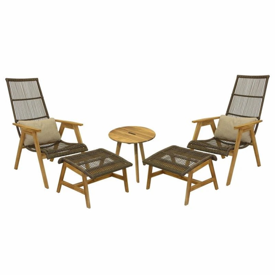 Outdoor Lounge Furniture * | Outdoor Interiors 5-Piece Teak And Wicker Basket Lounger Set