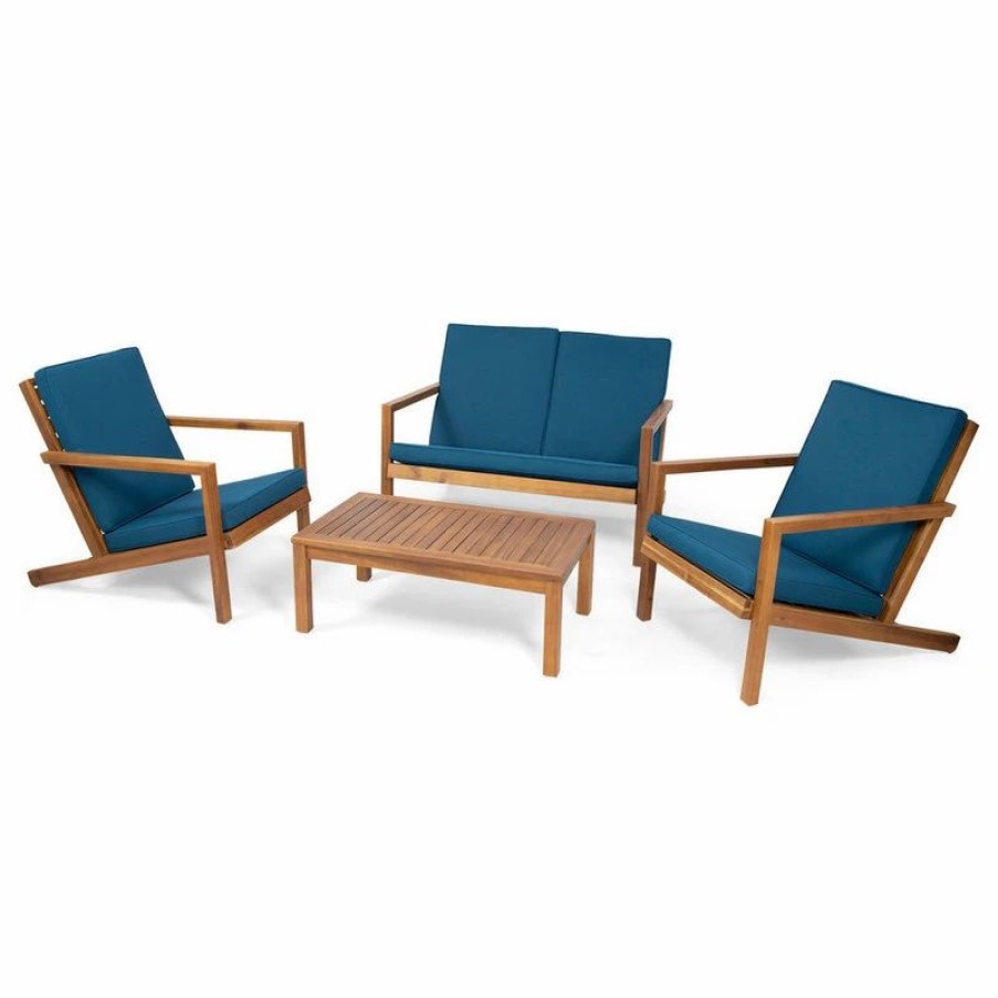 Outdoor Lounge Furniture * | Gdfstudio Camryn Outdoor 4 Seater Chat Set With Cushions, Brown Patina, Dark Teal