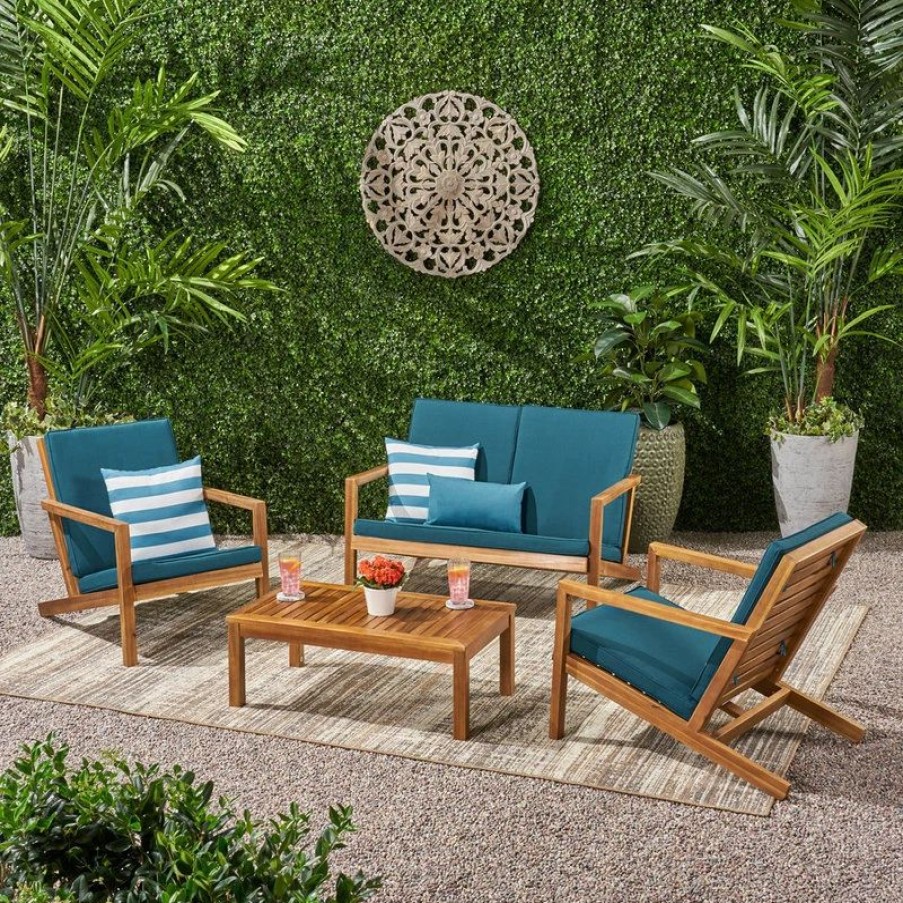 Outdoor Lounge Furniture * | Gdfstudio Camryn Outdoor 4 Seater Chat Set With Cushions, Brown Patina, Dark Teal