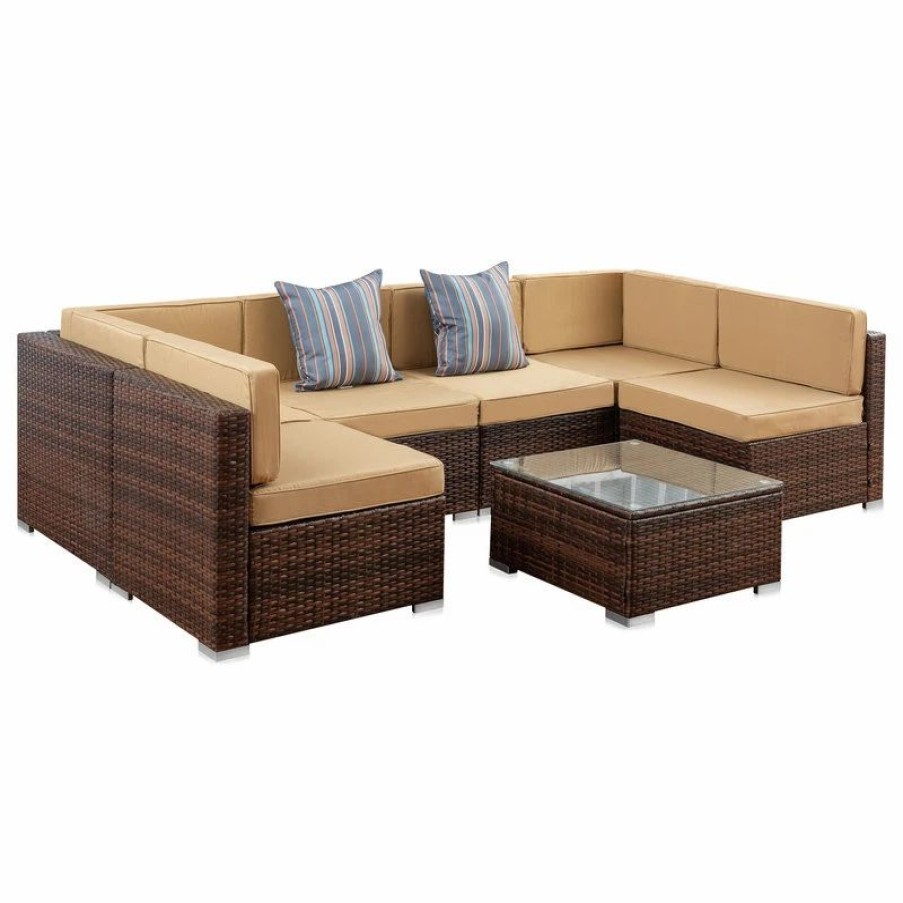 Outdoor Lounge Furniture * | Belleze Modern Outdoor Rattan 7 Piece Conversation Set, Brown