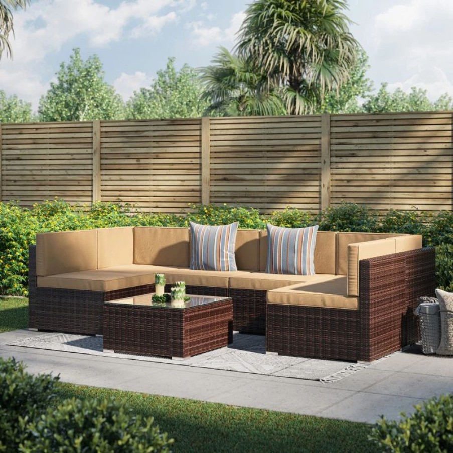 Outdoor Lounge Furniture * | Belleze Modern Outdoor Rattan 7 Piece Conversation Set, Brown