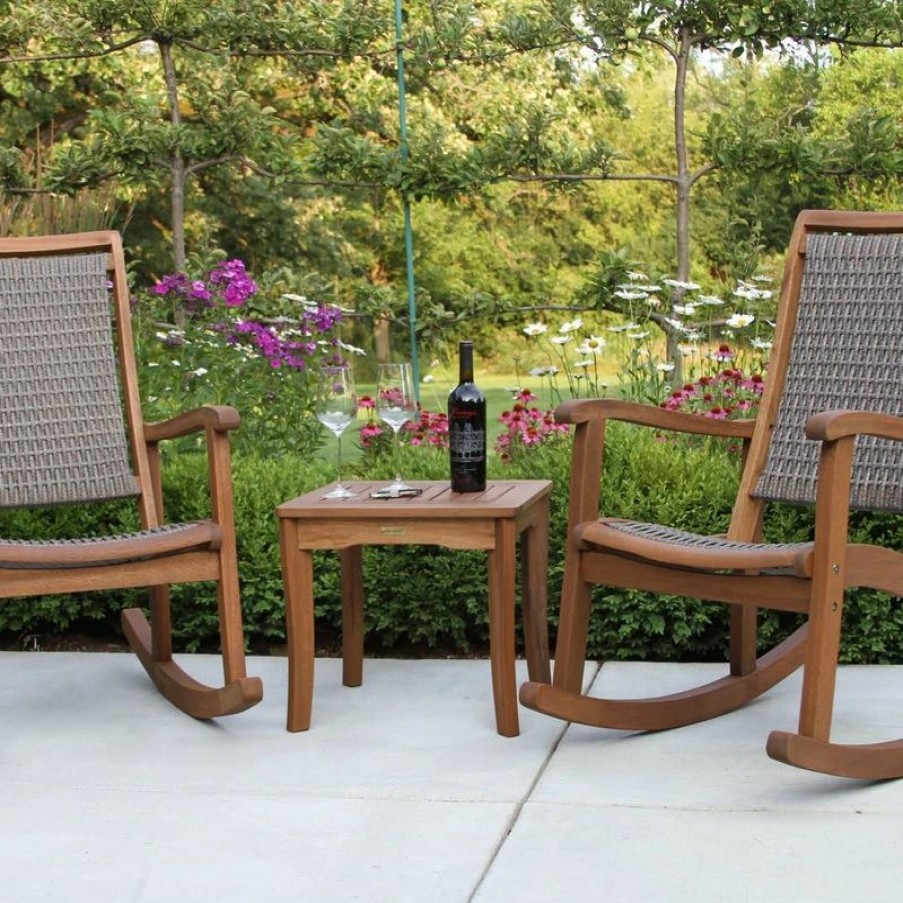 Outdoor Lounge Furniture * | Outdoor Interiors 3-Piece Eucalyptus/Driftwood Gray Wicker Rocking Chair Set, Square Table