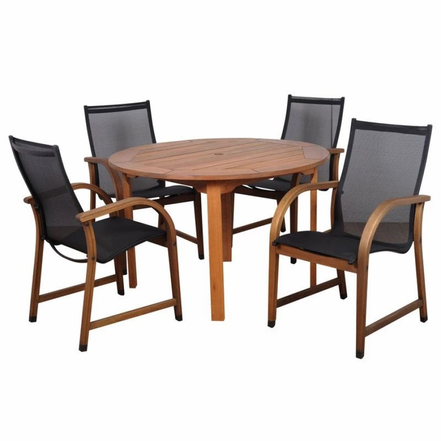 Outdoor Dining Furniture * | Amazonia Bahamas 5-Piece Outdoor Dining Sling Armchair Set | Eucalyptus Wood