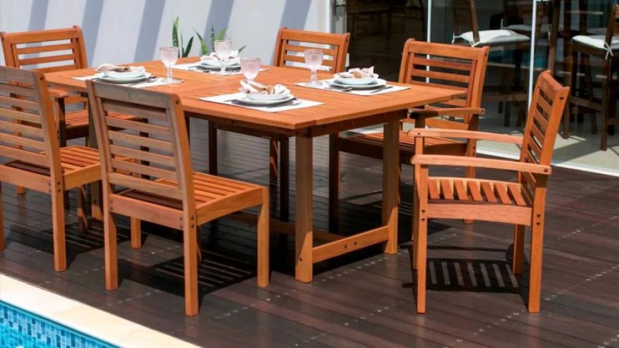 Outdoor Dining Furniture * | Amazonia Bahamas 5-Piece Outdoor Dining Sling Armchair Set | Eucalyptus Wood