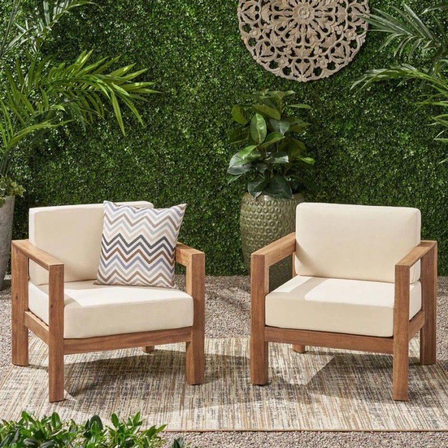 Outdoor Lounge Furniture * | Gdfstudio Lucia Outdoor Wooden Club Chairs With Cushions, Set Of 2