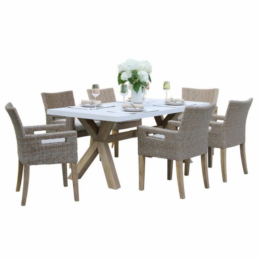 Outdoor Dining Furniture * | Outdoor Interiors 7-Piece Ivory Composite, Wheat Wicker And Eucalyptus Wash Rectangle Dining Set