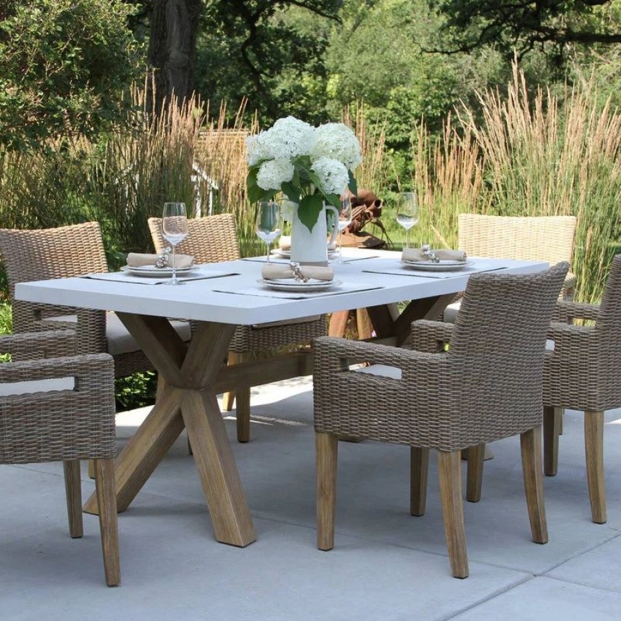 Outdoor Dining Furniture * | Outdoor Interiors 7-Piece Ivory Composite, Wheat Wicker And Eucalyptus Wash Rectangle Dining Set