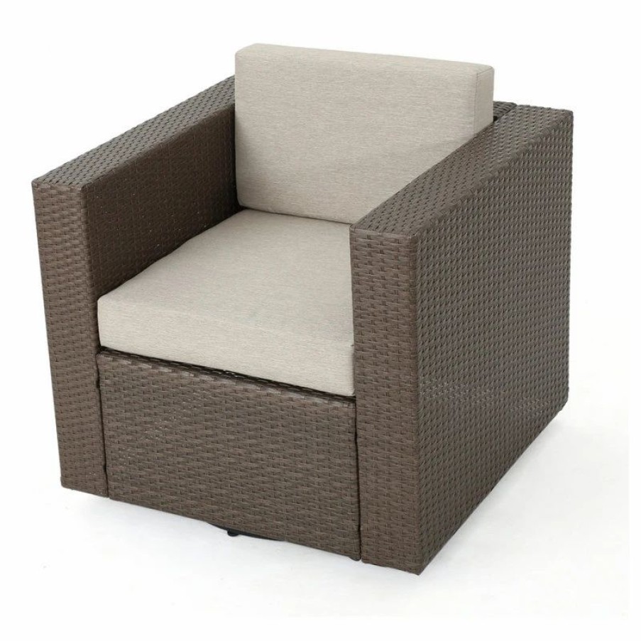 Outdoor Lounge Furniture * | Gdfstudio Gdf Studio Venice Outdoor Wicker Swivel Club Chair, Light Brown/Ceramic Gray, Si