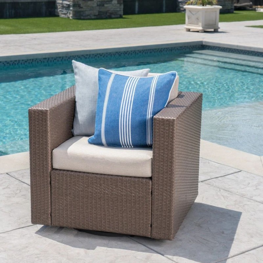 Outdoor Lounge Furniture * | Gdfstudio Gdf Studio Venice Outdoor Wicker Swivel Club Chair, Light Brown/Ceramic Gray, Si