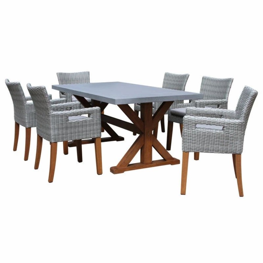 Outdoor Dining Furniture * | Outdoor Interiors 7-Piece Dining Table With Composite Concrete Top And Light Gray Chairs