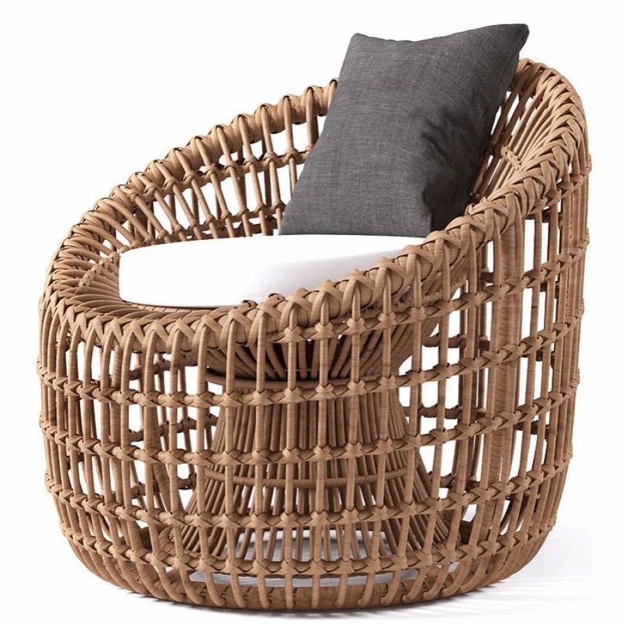 Outdoor Lounge Furniture * | Homary Austen Rattan Outdoor Barrel Chair Nest Shape Sidechair With Cushion, Brown