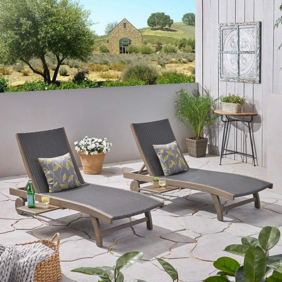 Outdoor Chairs * | Gdfstudio Gdf Studio Kimberley Outdoor Chaise Lounge With Pull-Out Tray, Set Of 2, Gray