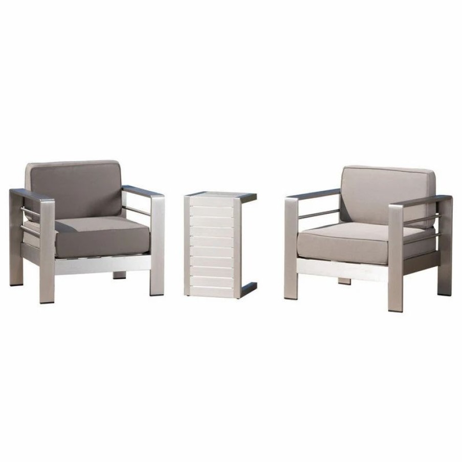 Outdoor Lounge Furniture * | Gdfstudio Gdf Studio Coral Bay Outdoor Aluminum Club Chairs With Side Table, Silver