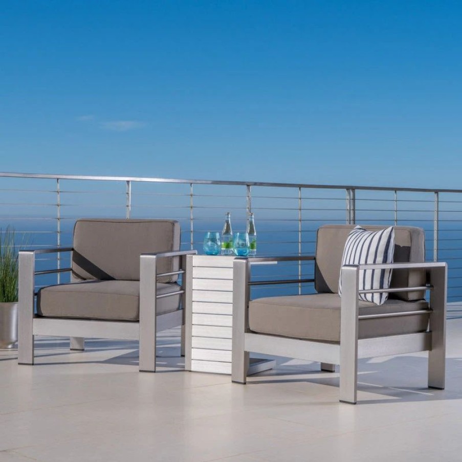 Outdoor Lounge Furniture * | Gdfstudio Gdf Studio Coral Bay Outdoor Aluminum Club Chairs With Side Table, Silver