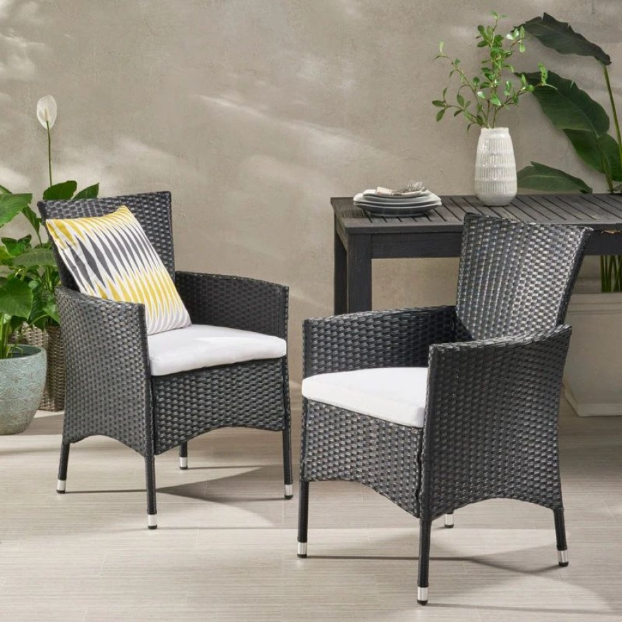 Outdoor Chairs * | Gdfstudio Gdf Studio Curtis Outdoor Wicker Dining Chairs With Cushions, Set Of 2, Black/Wh