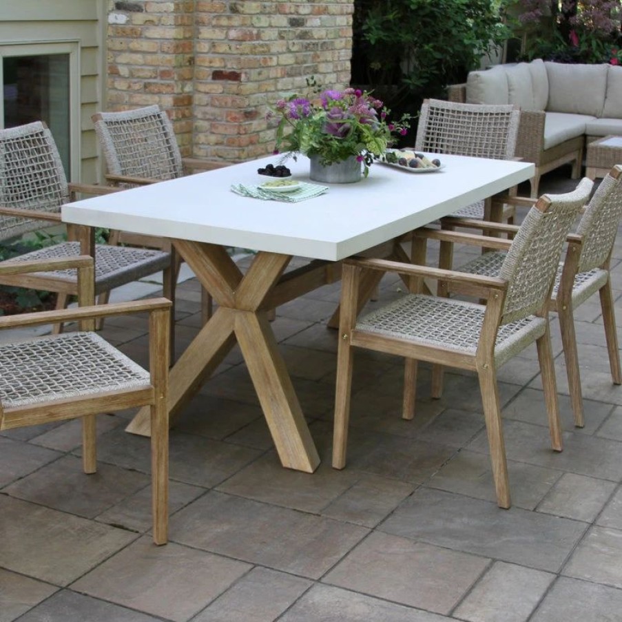 Outdoor Dining Furniture * | Outdoor Interiors 7-Piece Ivory Composite And Eucalyptus Wash Dining Set