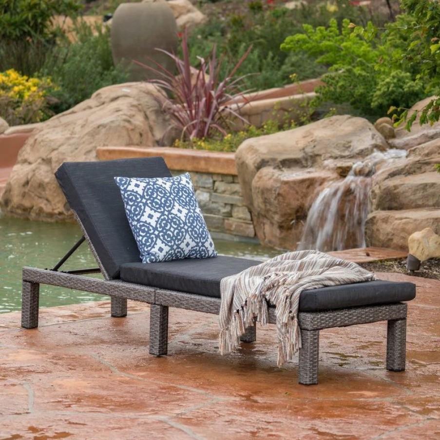 Outdoor Chairs * | Gdfstudio Gdf Studio Venice Outdoor Black Wicker Chaise Lounge, Dark Gray Cushion