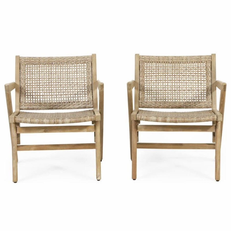 Outdoor Lounge Furniture * | Gdfstudio Inez Outdoor Wicker Club Chairs, Set Of 2, Light Brown And Light Multibrown