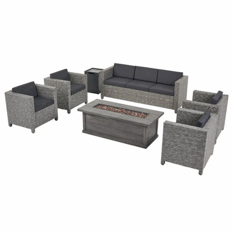 Outdoor Lounge Furniture * | Gdfstudio Simona Outdoor 7 Seater Wicker Set With Fire Pit, Mix Black/Dark Gray/Gray